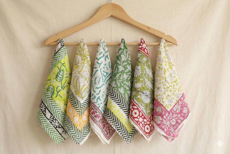 6 pcs Vintage Block Printed Cotton Bandana, Summer Cotton Head Scarf, Beach Headwear, Bikers Gift, Indian Cotton Bandanas, Party Bandanas thumbnail 2
