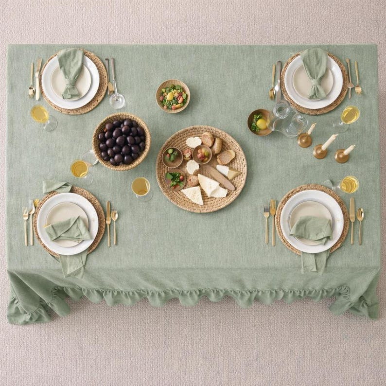 Sage Green Linen Ruffle Tablecloth, Farmhouse Ruffled Tablecloth, Rustic Linen Table Cover, Boho Dining Tablecloth, Wedding Table Decor thumbnail 3