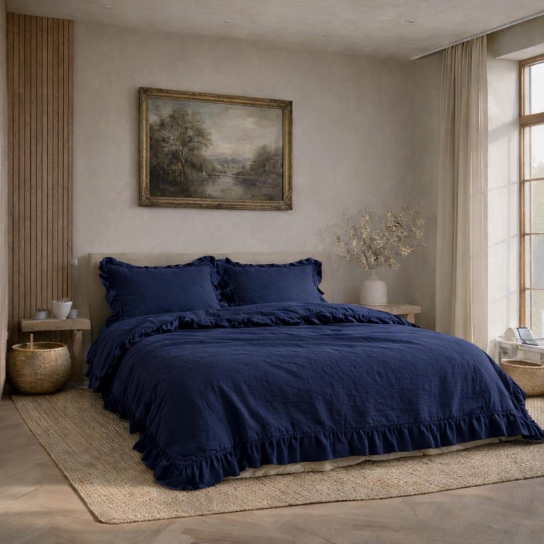 Navy Blue Linen Quilt Cover Natural Queen King other sizes European linen Quilt Covers Boho Queen King Size Bedding set with Pillow Shams thumbnail 2