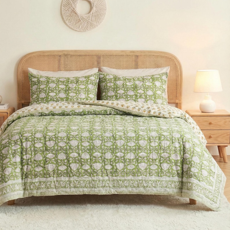 Hand Block Printed Cotton Duvet Cover – Green & white Floral Indian Bedding, Artisan Handmade Bed Cover | Indian Cotton Quilt Cover Set alternate view