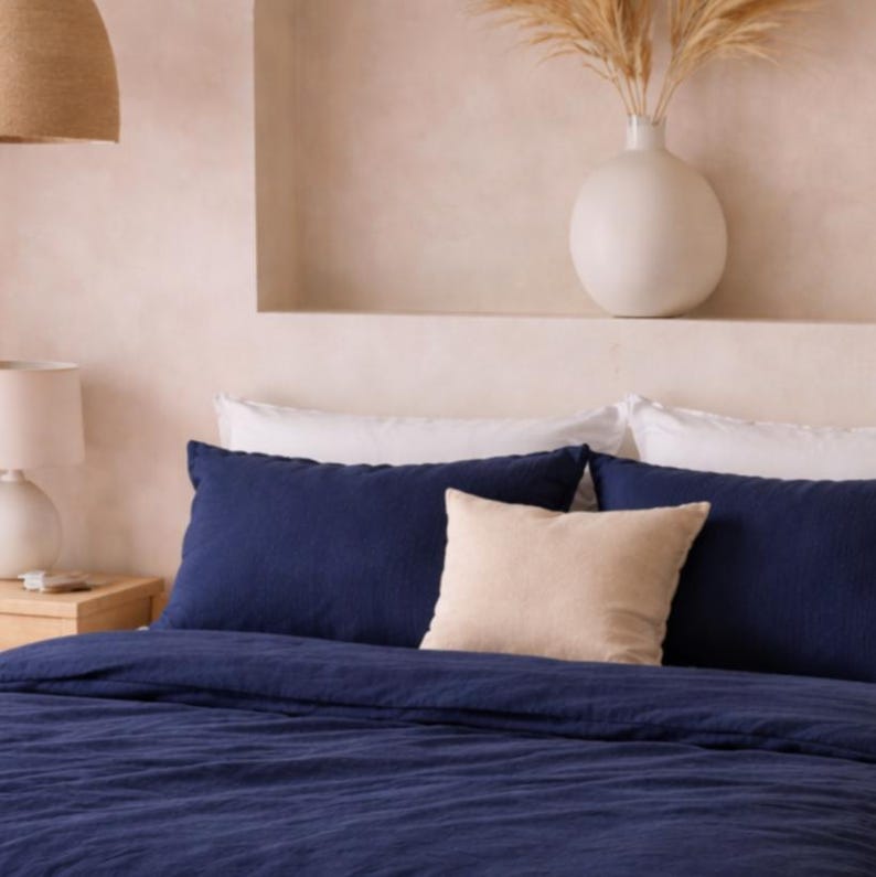 Navy Blue Linen Duvet Cover – Soft Washed Bedding Set , Modern Minimal Style, King Size Queen Bedding Size Cover,Washed Bedding | Duvet set thumbnail 4