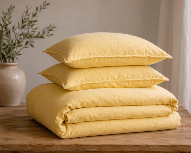 Pastel Yellow Linen Duvet Cover Set, 100% Washed Flax Linen Bedding, Soft Breathable Comforter Cover,Farmhouse Bedroom Decor,Queen King Twin thumbnail 4