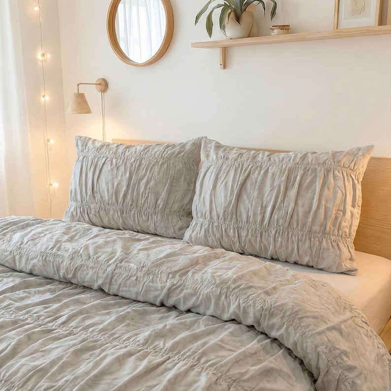 Light Gray Cotton Cover Set,Wrinkle Duvet Cover,Boho Queen King Twin Dorm Bedding Set, Vintage Textured Bed Cover,Breathable Comforter Cover thumbnail 2