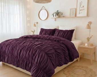 Funda nórdica arrugada morada oscura, ropa de cama suave lavada, aspecto relajado, decoración minimalista para dormitorio, regalo para ella, funda nórdica bohemia.
