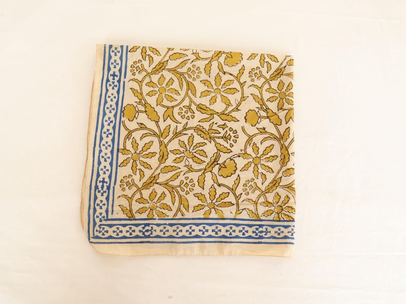 Hand Block Printed Organic Cotton Bandana: Yellow & Blue Floral Scarf | Boho Hair Wrap | 100% Cotton Beach Accessory thumbnail 4