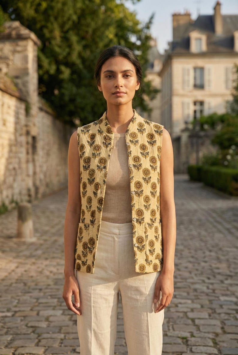 Floral Print Cotton Quilted Jacket Hand Block Printed Holidays Gifts Button Closer Jacket For Women Gifts | Perfect for Travel & Work Wear thumbnail 2