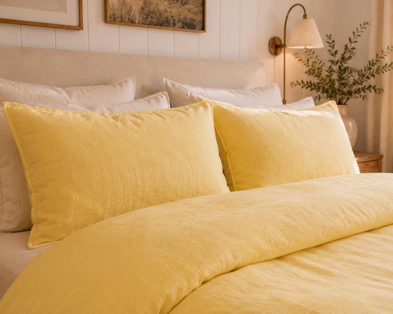 Pastel Yellow Linen Duvet Cover Set, 100% Washed Flax Linen Bedding, Soft Breathable Comforter Cover,Farmhouse Bedroom Decor,Queen King Twin thumbnail 3
