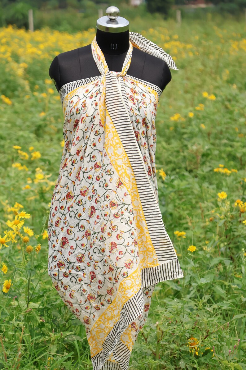 Hand Block Print Cotton Sarong: Cotton Hand Block Print Scarves/Sarong | Cover - Up Boho Scarves,Birthday Anniversary, Perfect Gift for Her thumbnail 3