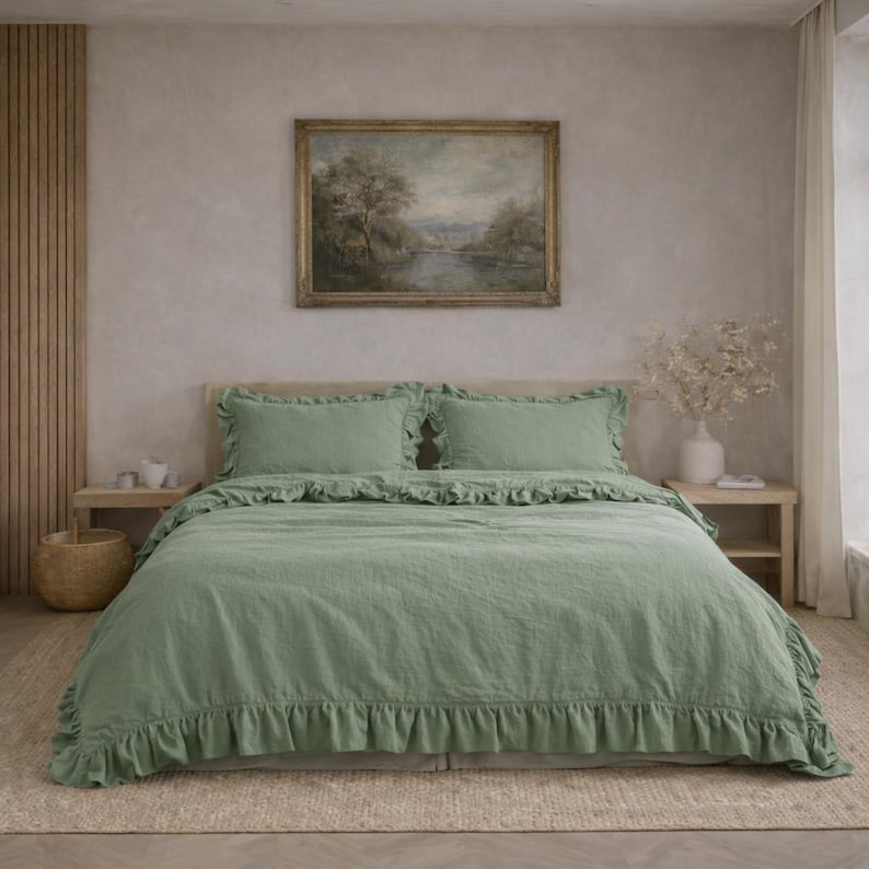 Sage Green Washed Linen Ruffle Duvet Cover Set – 100% Natural Linen, Soft Breathable Bedding, Farmhouse King and Queen Bedroom duvet cover thumbnail 3