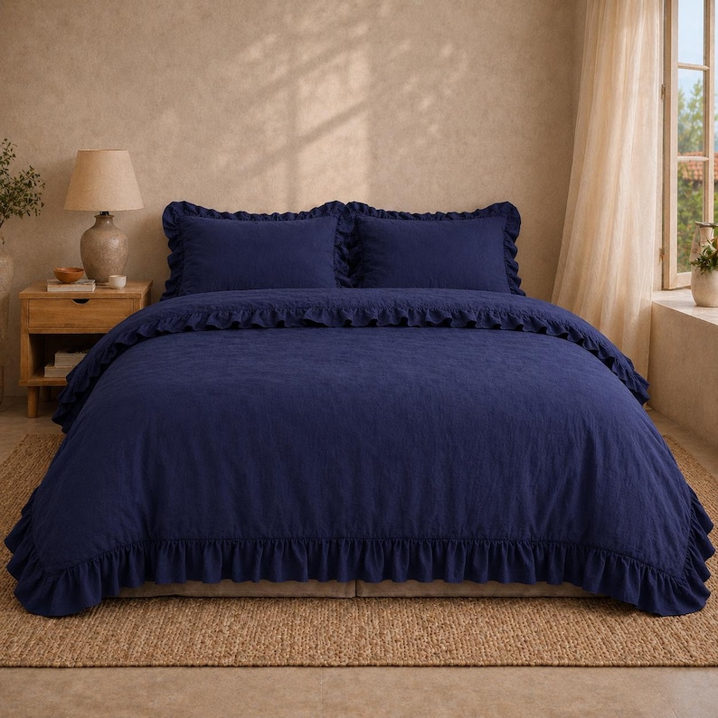 Navy Blue Linen Ruffle Duvet Cover Set – Soft Washed Bedding with Romantic Frill Edges, Farmhouse Bedroom Decor, Queen King Size Bedding Set thumbnail 2
