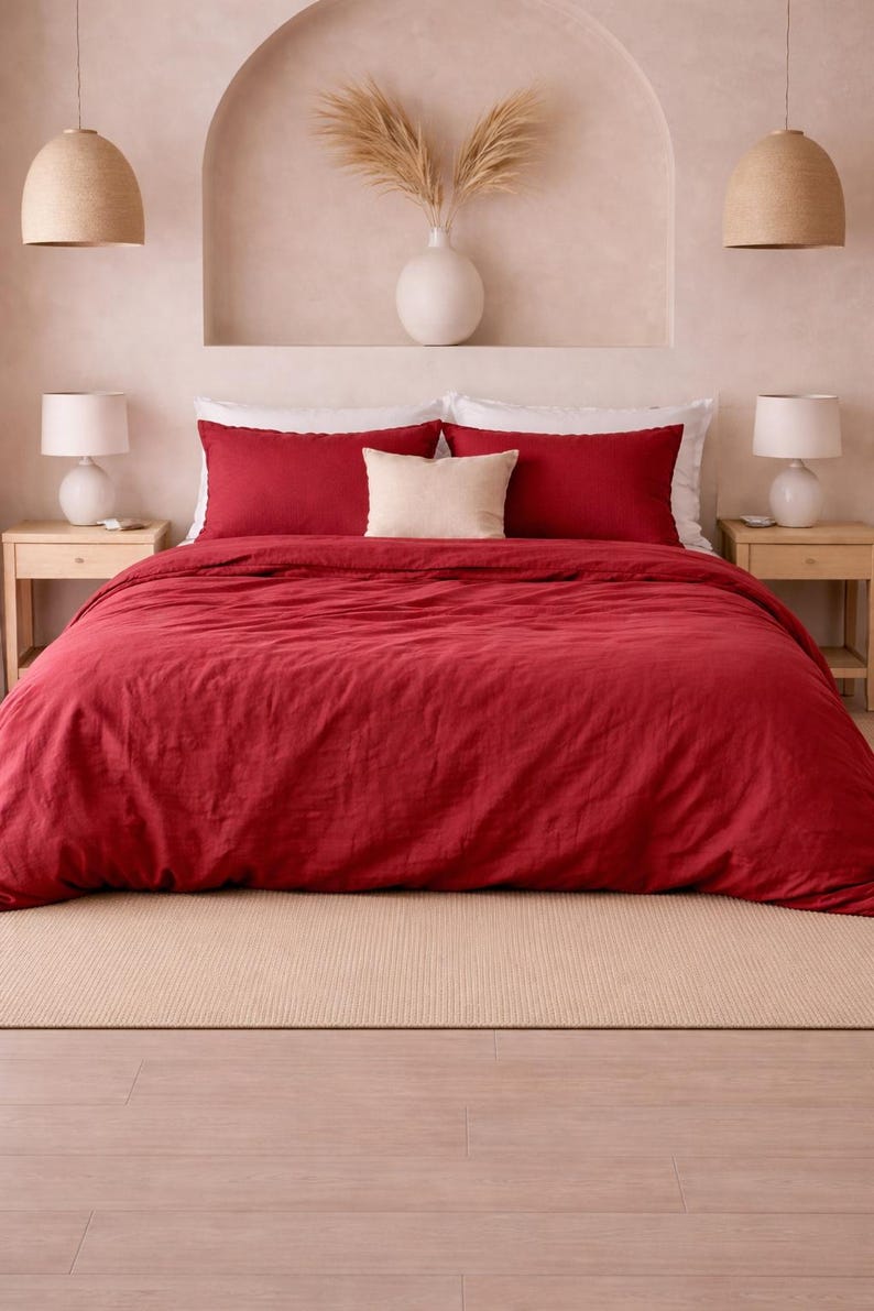 Burgundy Linen Duvet Cover Set – Soft Washed Minimal Bedding, Modern Minimal Style, King Size Queen Bedding Size Cover,Washed Bedding thumbnail 2
