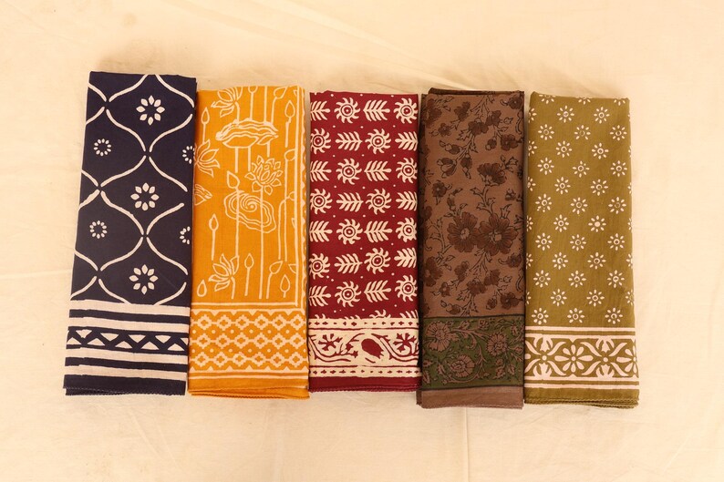 Set of 5 Handmade Bandanas - Indian Cotton Hand Block Print, Boho Festival Neckerchiefs, Yoga Headband and Bandana Gift Set for Women Men thumbnail 4