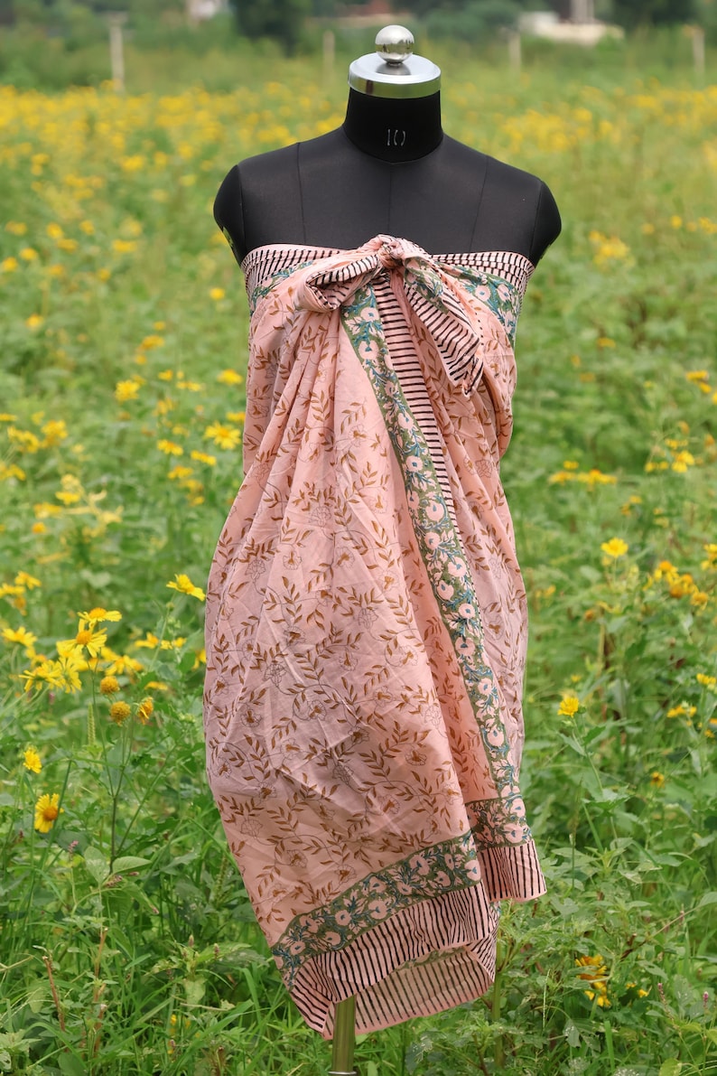 Floral Cotton Sarong: Hand Block Print Boho Beach Wrap, 100% Cotton Beach Wrap, Bohemian Resort Wear, Gift for Her thumbnail 3