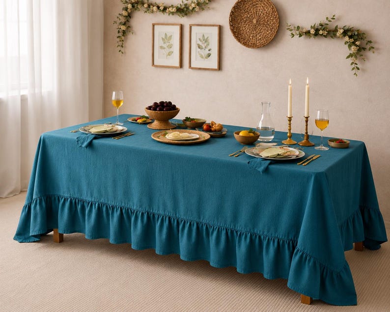 Navy Blue Tablecloth,Linen Table Cover,Farmhouse Dining Table Cover,Rustic Wedding & Holiday Table Linen Decor,Rustic Linen Table Cover thumbnail 4