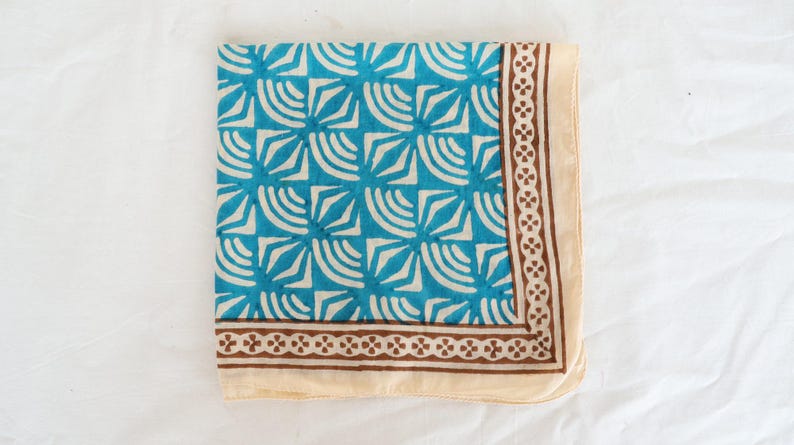 Hand Block Printed Cotton Bandana: Blue Floral Geometric Scarf | Natural Cotton Scarf | Boho Bandana for Hair, Neck, Pet, Gift for Her thumbnail 5