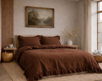 Dark Brown Ruffle Duvet Cover Set, Soft Linen Look Bedding, Romantic Bedspread, Vintage Farmhouse Bedroom Decor | Bedding with King size |