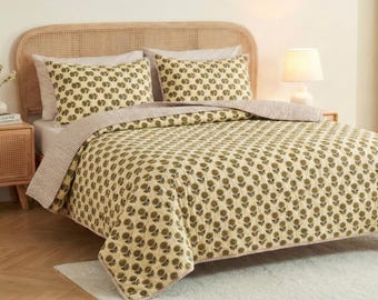 3 Piece Cotton Bedding Set Hand Block Printed Cotton Quilted Quilt King Size Queen Bedding Size Comforter Set King Queen Set Boho Quilt