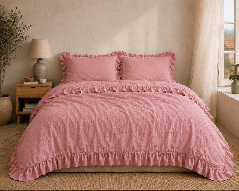 Blush Pink Ruffled Linen Duvet Cover Set – Soft Washed Natural Linen Bedding, Vintage Farmhouse Bedding with King size,Linen Comforter Cover thumbnail 3