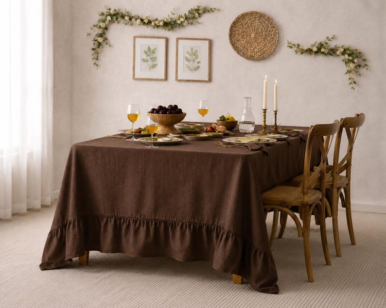 Brown Linen Tablecloth with Ruffle Skirt, Rustic Farmhouse Dining Table Cover, Washed Linen Wedding Table Linen Decor,Kitchen & Dining Decor thumbnail 4