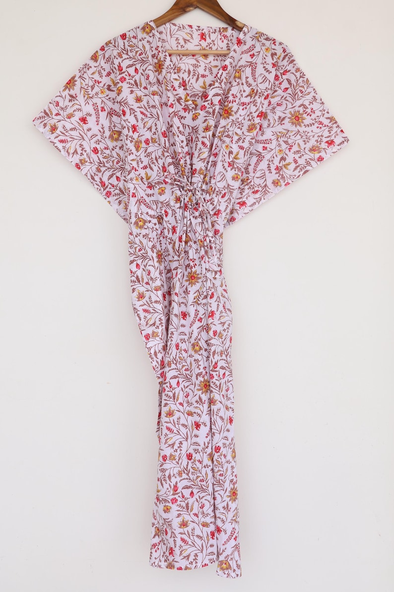 Boho Floral Kaftan Dress, Hand Block Printed Cotton Maxi Kaftan,Pink white Resort Wear, Gift for Her, Relaxed Fit Maxi Dress,Summer Cover Up thumbnail 3