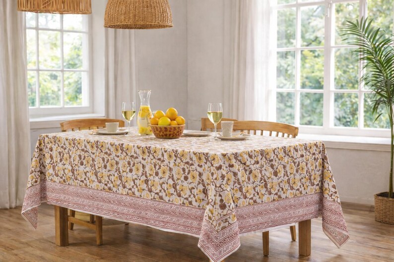 Hand Block Cotton Tablecloth – Yellow Floral Table Cover with Traditional Border, Wedding Cotton Tablecloth – Anniversary Table Decor thumbnail 3