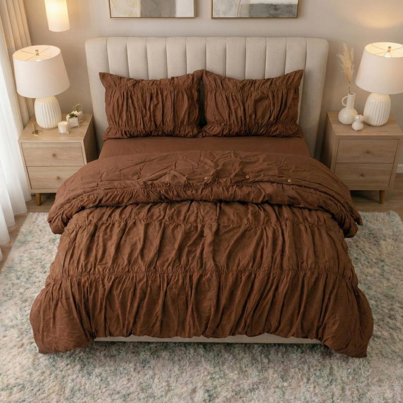 Brown Wrinkle Duvet Cover, Soft Cotton Ruched Bedding Set, Farmhouse Comforter Cover, Bedroom Decor | Soft Comforter Cover for Bedroom thumbnail 4