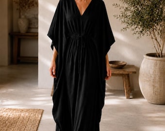 Abito caftano in cotone nero da donna, copricostume boho da spiaggia, caftano da resort, abito oversize, caftano per le vacanze, abito da casa con vita regolabile
