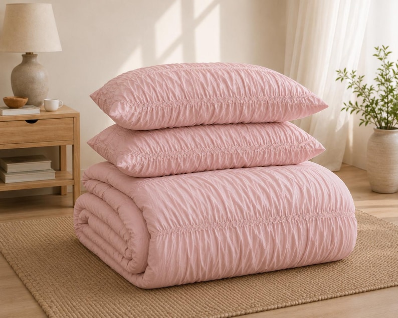Blush Pink Ruched Linen Duvet Cover Set, 100% Washed Flax Linen Bedding, Gathered Comforter Cover, Soft Luxury Bedding, All Size Duvet Cover thumbnail 4