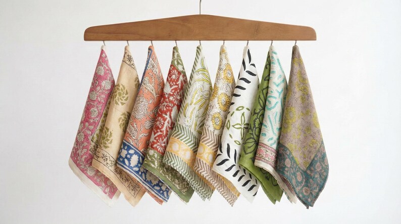 Set Of 10 Colorful Hand Block Printed Cotton Bandana, Sustainable Neck Scarves, Summer Bandana, Hair Accessories, Beach Bandana,Gift For Her thumbnail 2