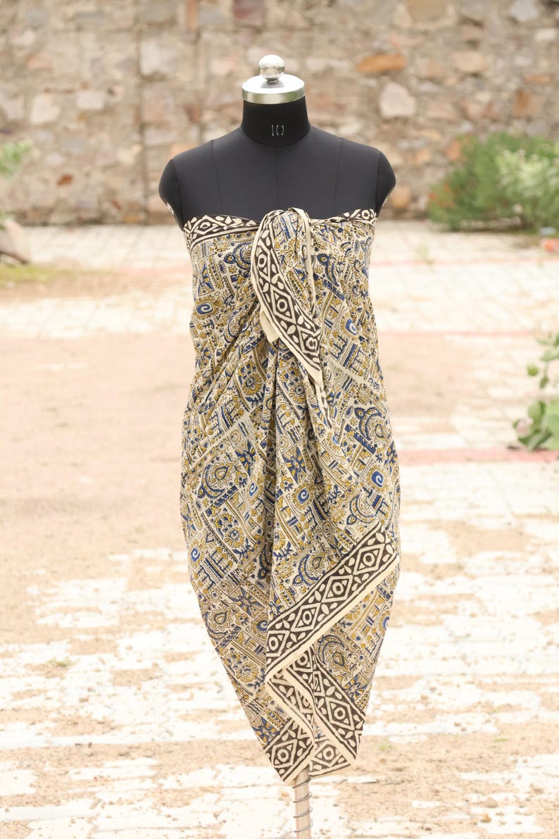 Floral Block Print Sarong: Organic Cotton Beach Wrap, soft Lightweight Cotton Pareo | Eco Beach Cover Up | 100% Natural Cotton| Summer Wrap thumbnail 3