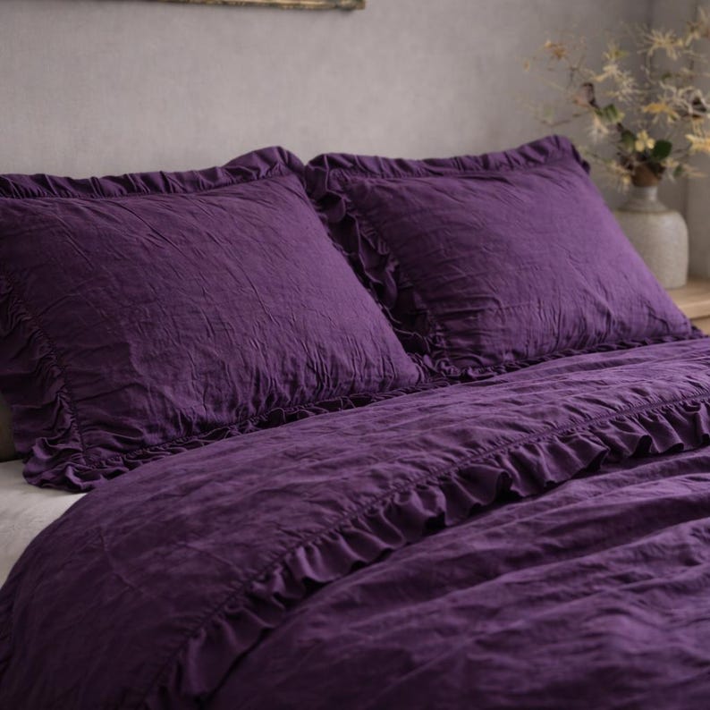 Dark Purple Linen Duvet Cover with Two Pillow Case – Breathable Washed Linen Bedding Decor Set | King Queen Bedding Set Linen Bed Cover alternate view