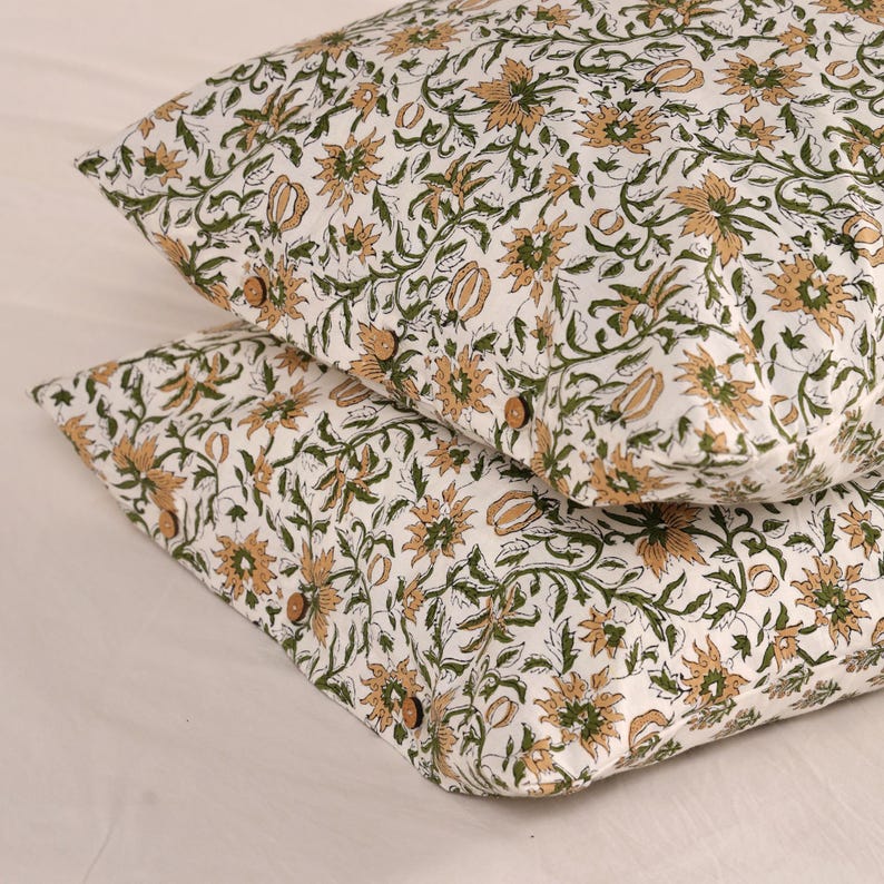 Floral Block Print Cotton Duvet Cover | Green & Beige Botanical Print Bedding | Handmade Indian Duvet Cove | Luxury Ethnic Bed Cover thumbnail 5