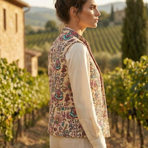 Puede incluir: Un chaleco con estampado floral sobre fondo crema, con detalles en rosa, turquesa y azul. Se lleva sobre una camisa blanca de manga larga y pantalones beige. La escena se desarrolla al aire libre, con un vi&ntilde;edo al fondo.