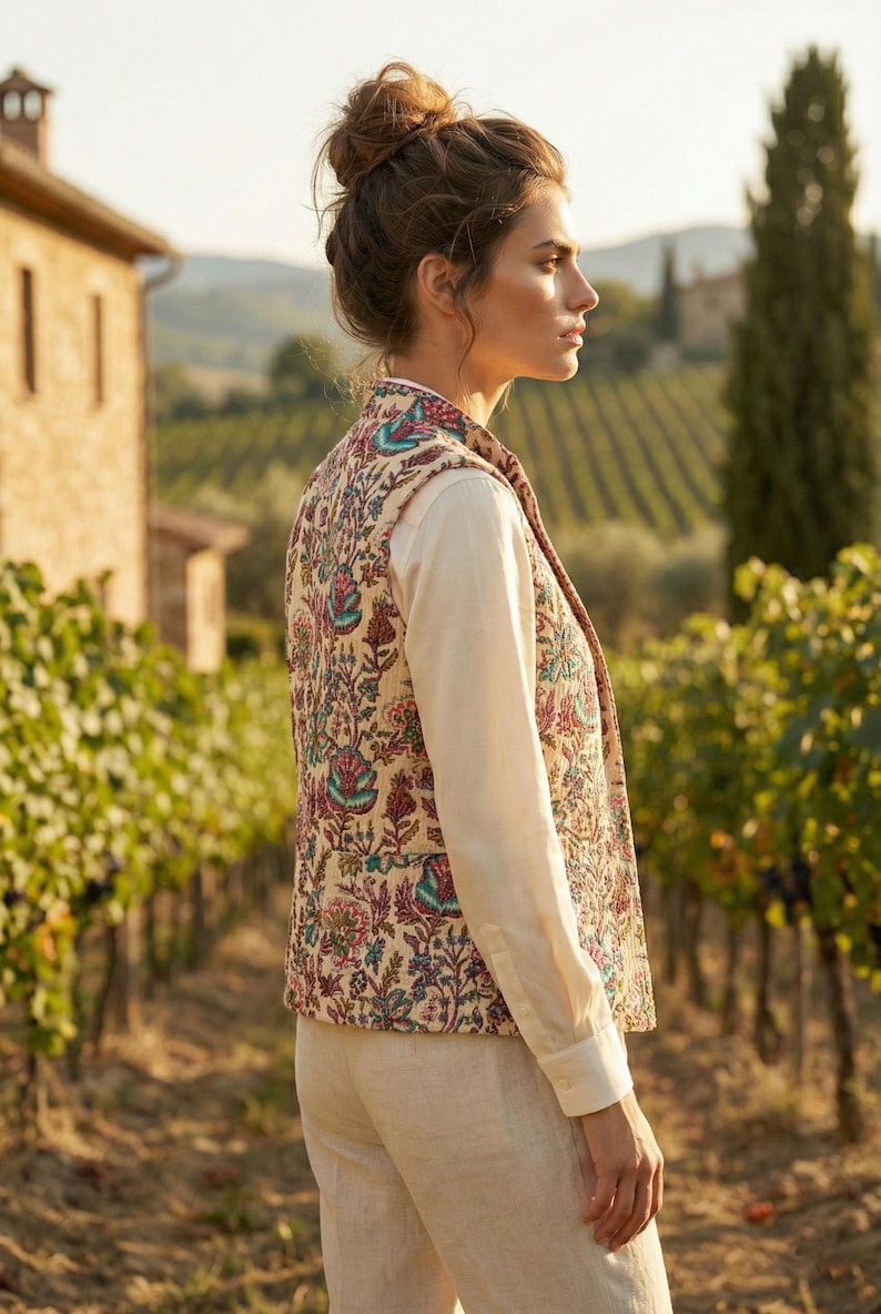 Puede incluir: Un chaleco con estampado floral sobre fondo crema, con detalles en rosa, turquesa y azul. Se lleva sobre una camisa blanca de manga larga y pantalones beige. La escena se desarrolla al aire libre, con un vi&ntilde;edo al fondo.