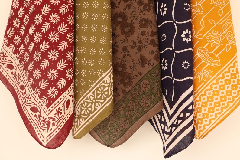 Set of 5 Handmade Bandanas - Indian Cotton Hand Block Print, Boho Festival Neckerchiefs, Yoga Headband and Bandana Gift Set for Women Men thumbnail 5