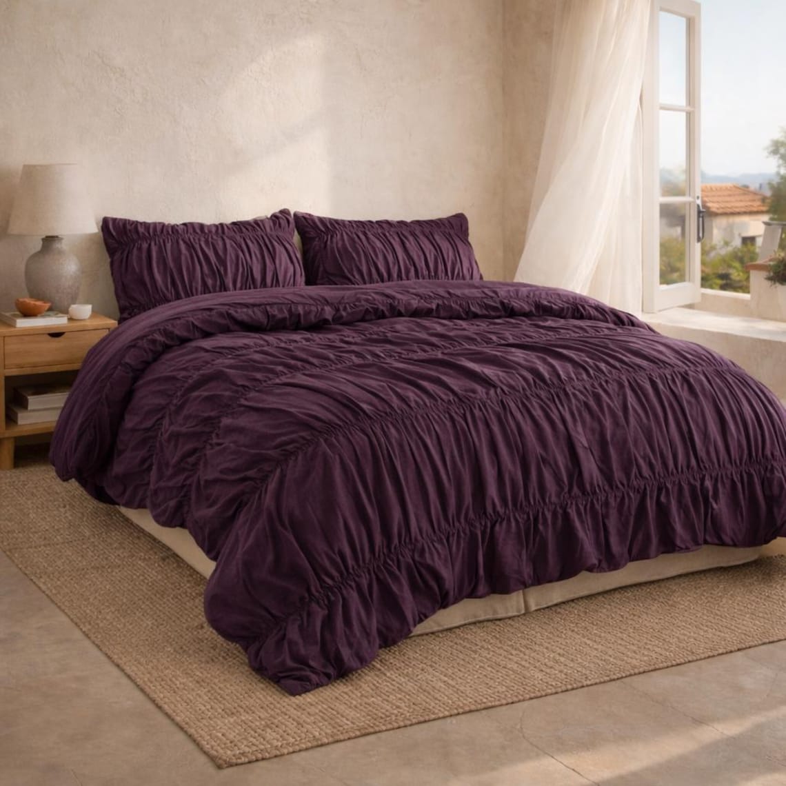 Dark Purple Wrinkled Cotton Duvet Cover Set With Pillow Cover ...