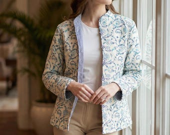 Cotton Quilted Jacket, Reversible Jacket, Women Coat, Flower Print Cotton Jacket, Winter Wear Jacket Coat, Button Closer Jacket For Women