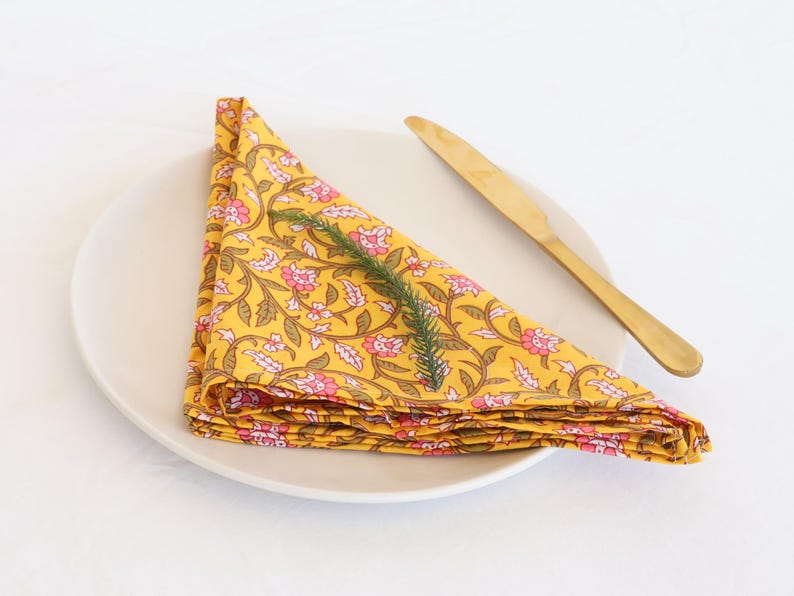Floral Hand Block Printed Cotton Napkins - Mustard Yellow Dining Set thumbnail 4