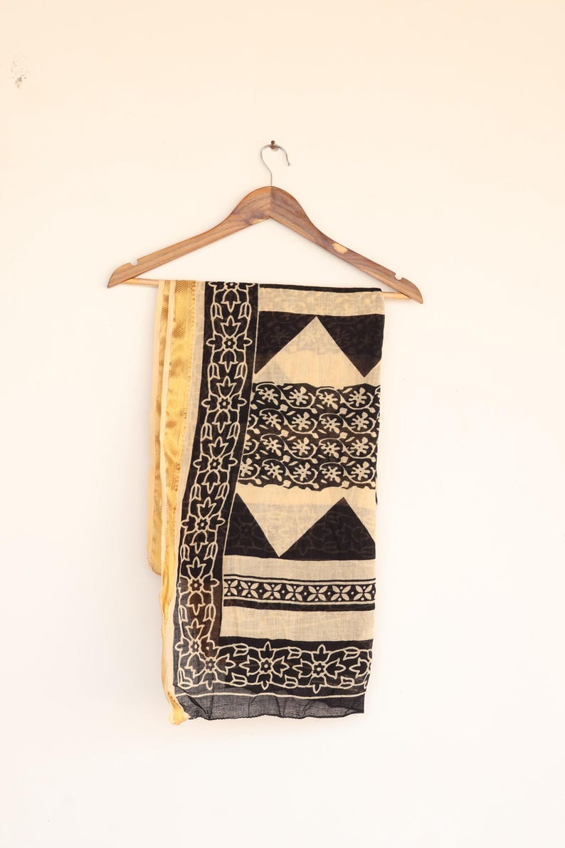 Block Printed Cotton Sarong with Zari Border | Black Beige Geometric Beach Wrap | Handcrafted Cotton Beach Wrap, Wrap Skirt, Scarf, Cover Up thumbnail 5