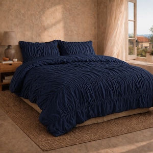 Deep Navy Blue Gathered Ruffle Duvet Cover Set – Premium Soft Cotton Wrinkled Texture Bedding with Pillow Covers for Cozy Minimalist Decor