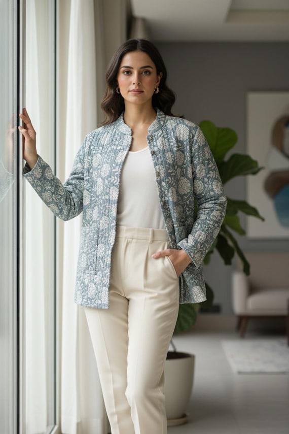 blue White Cotton quilted women's fashion jacket | Handmade Lightweight Fall Jacket Coat vintage | Boho Cotton Jacket for Women patchwork |