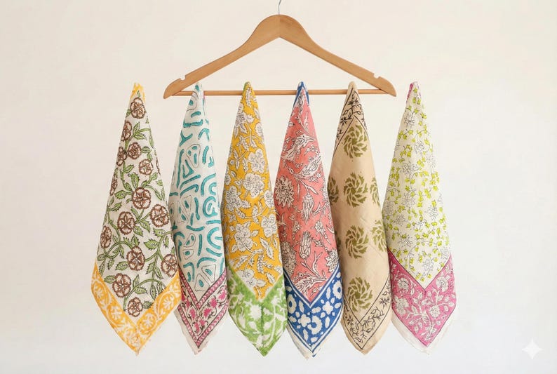 Hand printed Cotton bandana, Organic Cotton Bandana Set of 6 : Block Printed Neckerchiefs, Vintage Print Head & Neck Wrap, Summer Bandana thumbnail 2