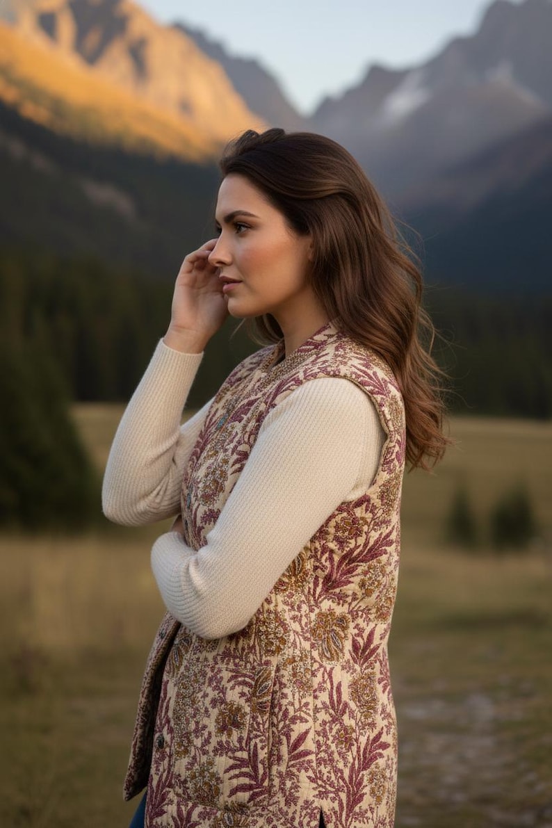 Hand Block Printed Cotton Jacket | Sleeveless Floral Quilted Vest | Ethnic Layering Jacket, Boho bridesmaid gift for her, Jacket for Women thumbnail 3