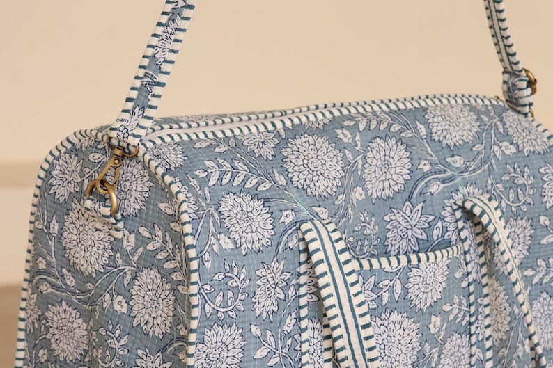 Dusty Blue Cotton Duffel Bag – Hand block Travel Weekender / Stylish Weekend Carryall / Everyday Travel Companion / Soft Cotton Duffel thumbnail 5