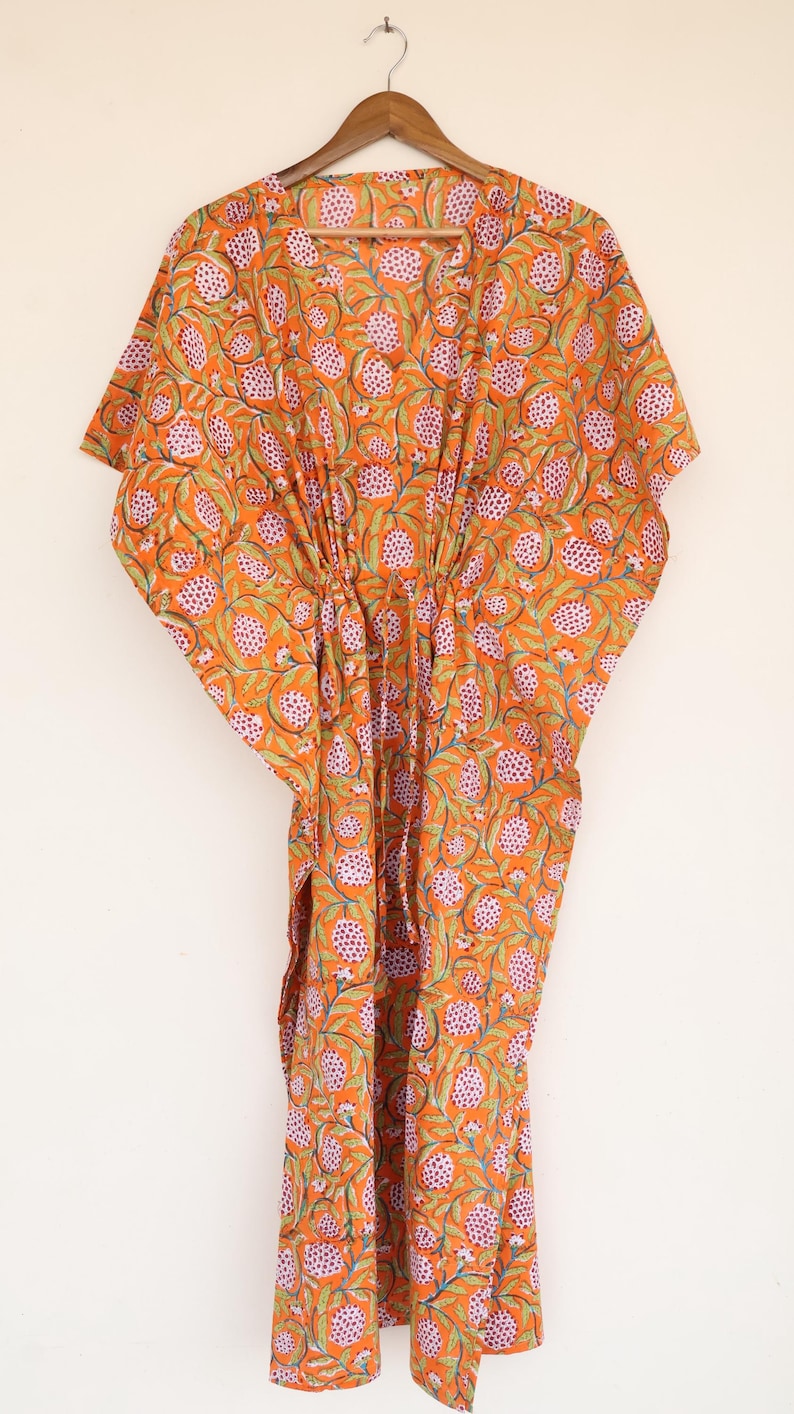 Bright Orange Printed Kaftan – Soft Cotton Beach & Holiday Wear,Summer Resort Wear, Beach Cover Up, Loune wear Dress, Bohemian Summer Kaftan thumbnail 5