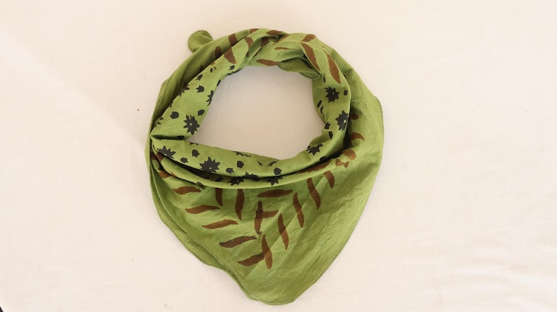 Green Hand Block Print Bandana Scarf – 100% Cotton, Boho Leaf & Floral Print, Hair Accessory, Handmade Boho Neck Kerchief, Gift for Her thumbnail 2