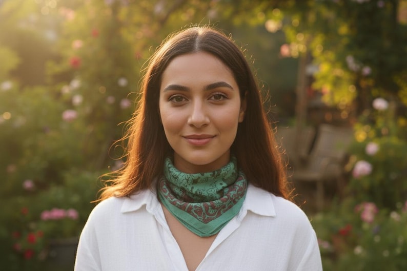 May include: A person wearing a white button-down shirt and a green bandana with a paisley design. The bandana is around the neck. The background is a garden with soft sunlight.