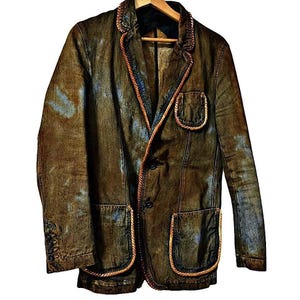 Authentic Alexander McQueen 04 AW Archive Mudded Denim Rope Border Blazer