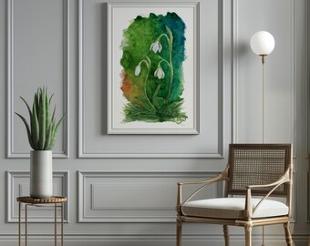 Snowdrop Watercolor Giclée or Canvas Print: Green Floral Botanical Wall Art