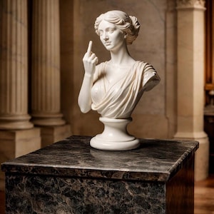 May include: A white marble bust of a woman with her right hand raised, displaying the middle finger. The sculpture is on a pedestal with a dark, marbled surface. The background features classical columns and architectural details.
